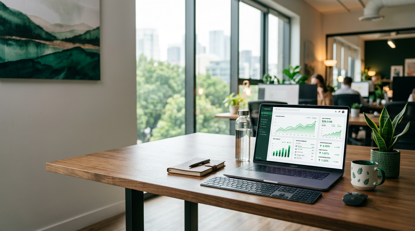 Laptop showing upward-trending search ranking analytics